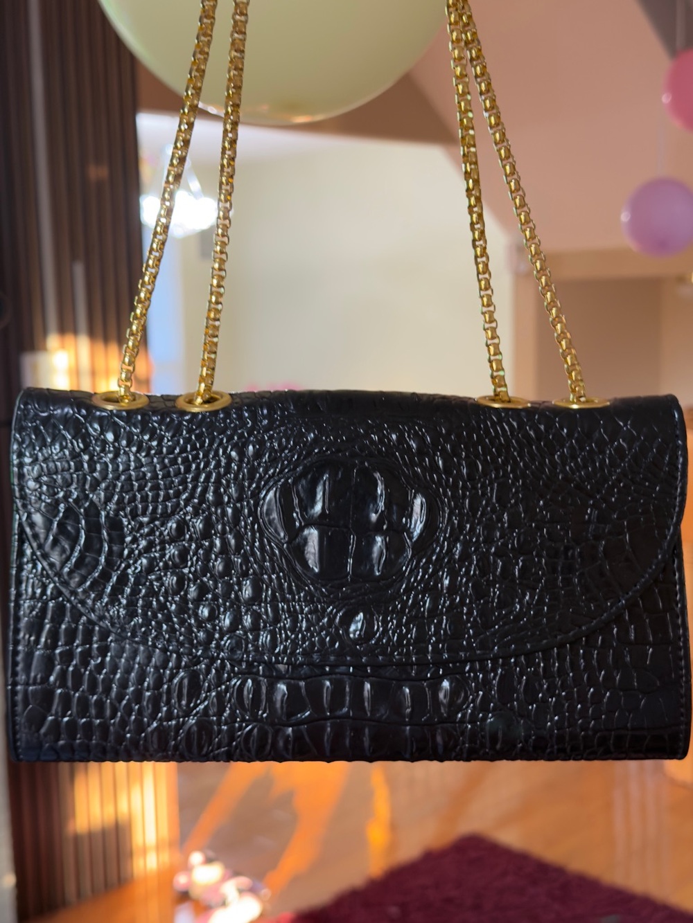 Black Croc-Embossed Shoulder Bag with Gold Chain